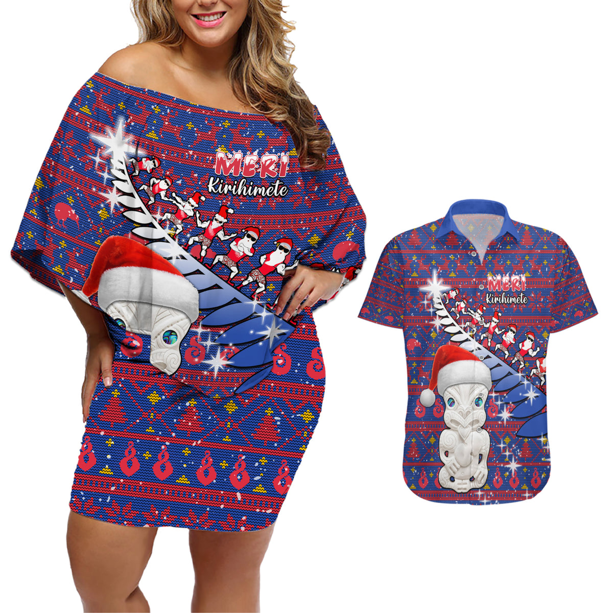 Personalized New Zealand Christmas Couples Matching Off Shoulder Short Dress and Hawaiian Shirt Haka Fern Santa Tiki Meri Kirihimete LT05 Blue - Polynesian Pride