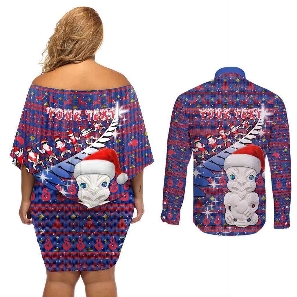 Personalized New Zealand Christmas Couples Matching Off Shoulder Short Dress and Long Sleeve Button Shirts Haka Fern Santa Tiki Meri Kirihimete LT05 - Polynesian Pride