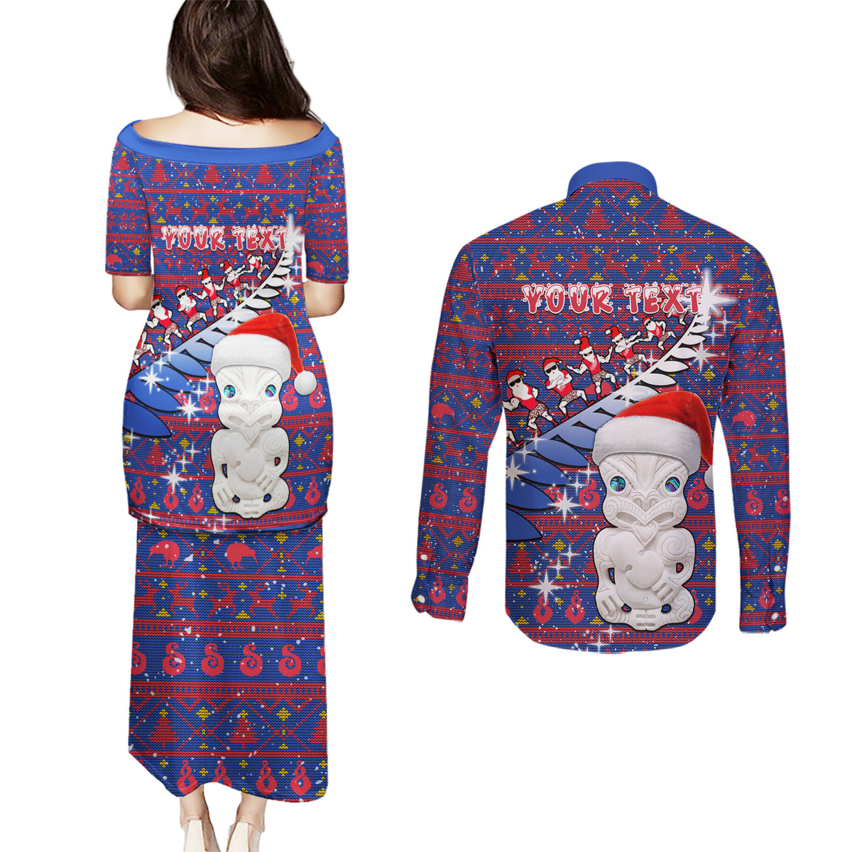 Personalized New Zealand Christmas Couples Matching Puletasi Dress and Long Sleeve Button Shirts Haka Fern Santa Tiki Meri Kirihimete LT05 - Polynesian Pride