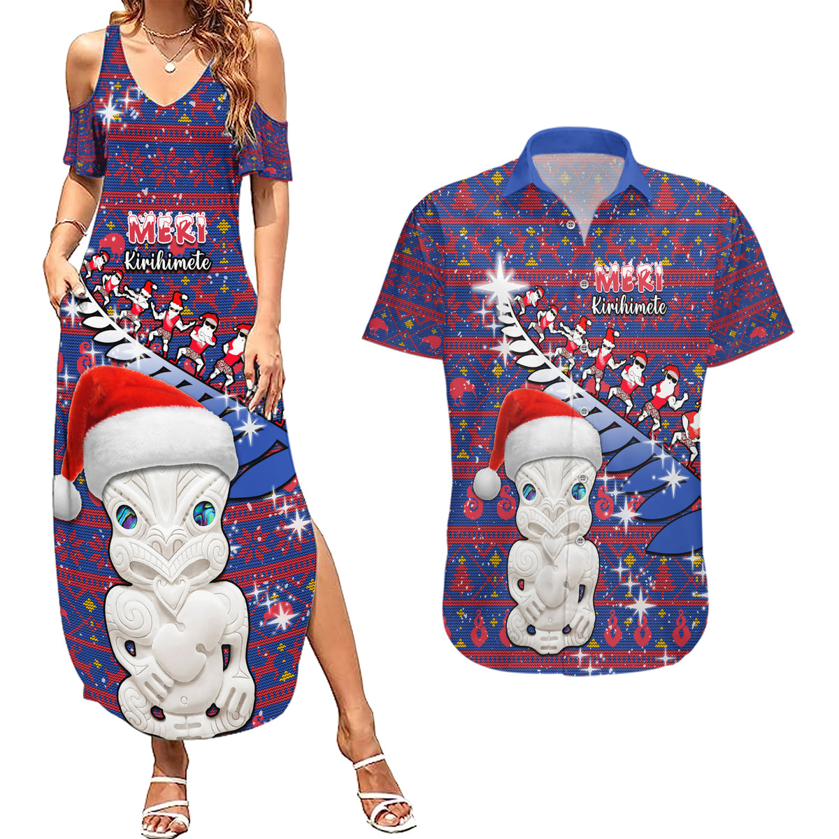 Personalized New Zealand Christmas Couples Matching Summer Maxi Dress and Hawaiian Shirt Haka Fern Santa Tiki Meri Kirihimete LT05 Blue - Polynesian Pride