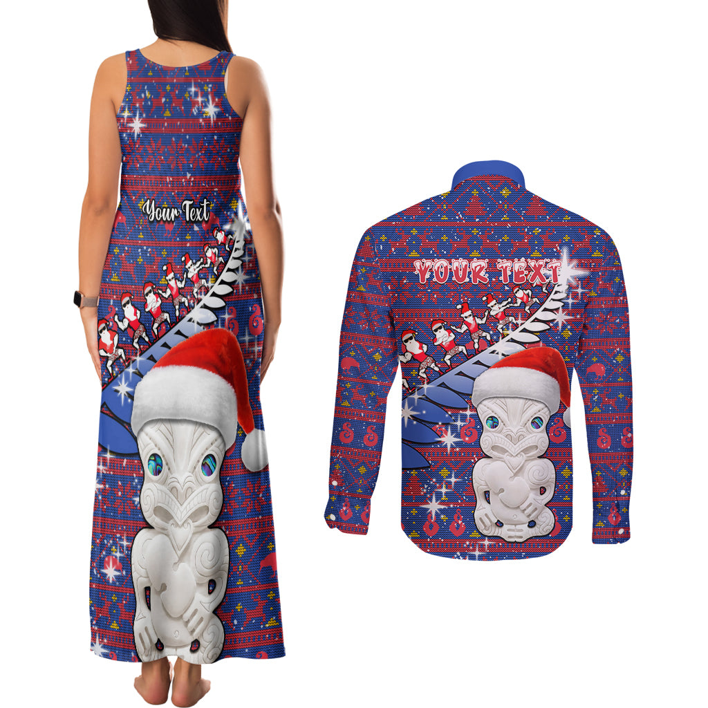 Personalized New Zealand Christmas Couples Matching Tank Maxi Dress and Long Sleeve Button Shirts Haka Fern Santa Tiki Meri Kirihimete LT05 - Polynesian Pride