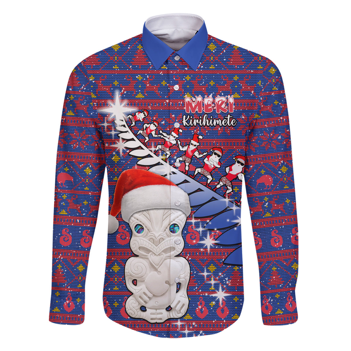 Personalized New Zealand Christmas Family Matching Off Shoulder Long Sleeve Dress and Hawaiian Shirt Haka Fern Santa Tiki Meri Kirihimete LT05 Dad's Shirt - Long Sleeve Blue - Polynesian Pride