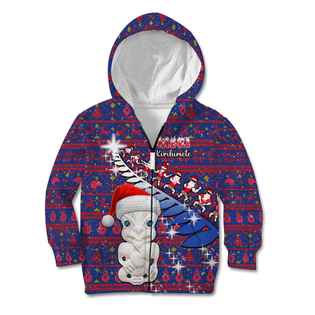 Personalized New Zealand Christmas Kid Hoodie Haka Fern Santa Tiki Meri Kirihimete LT05 Zip Hoodie Blue - Polynesian Pride