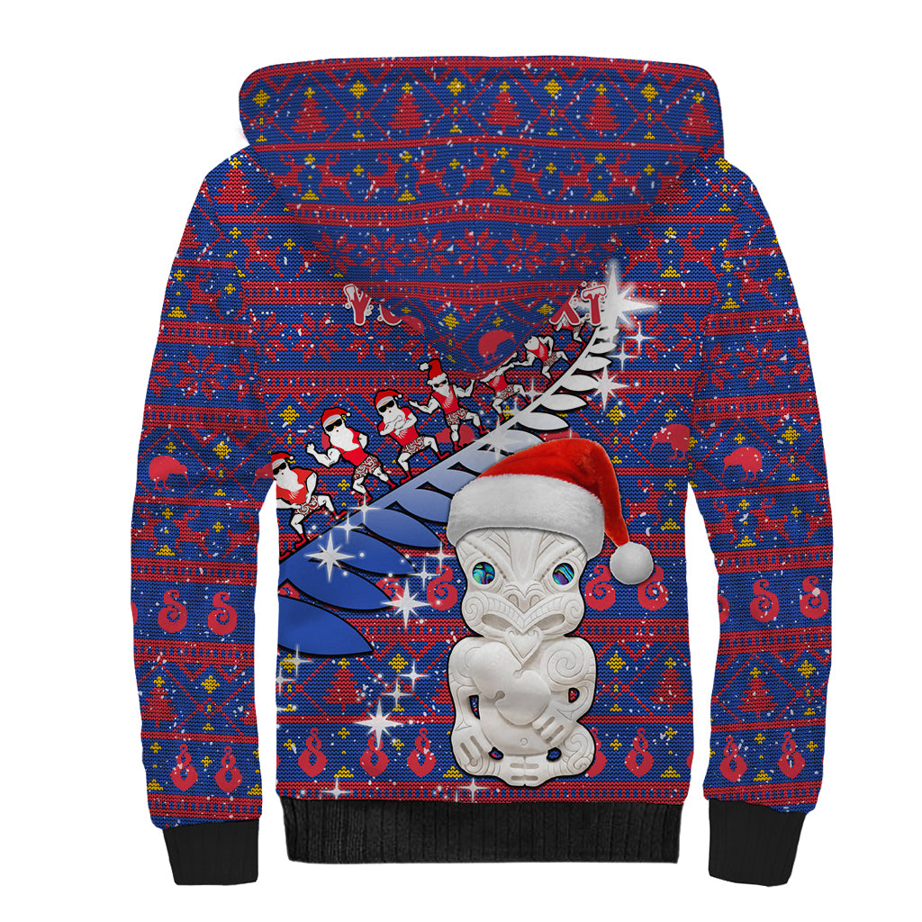 Personalized New Zealand Christmas Sherpa Hoodie Haka Fern Santa Tiki Meri Kirihimete LT05 - Polynesian Pride