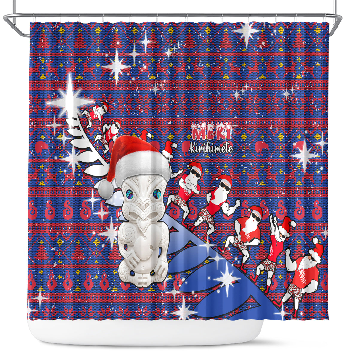 New Zealand Christmas Shower Curtain Haka Fern Santa Tiki Meri Kirihimete LT05 Blue - Polynesian Pride
