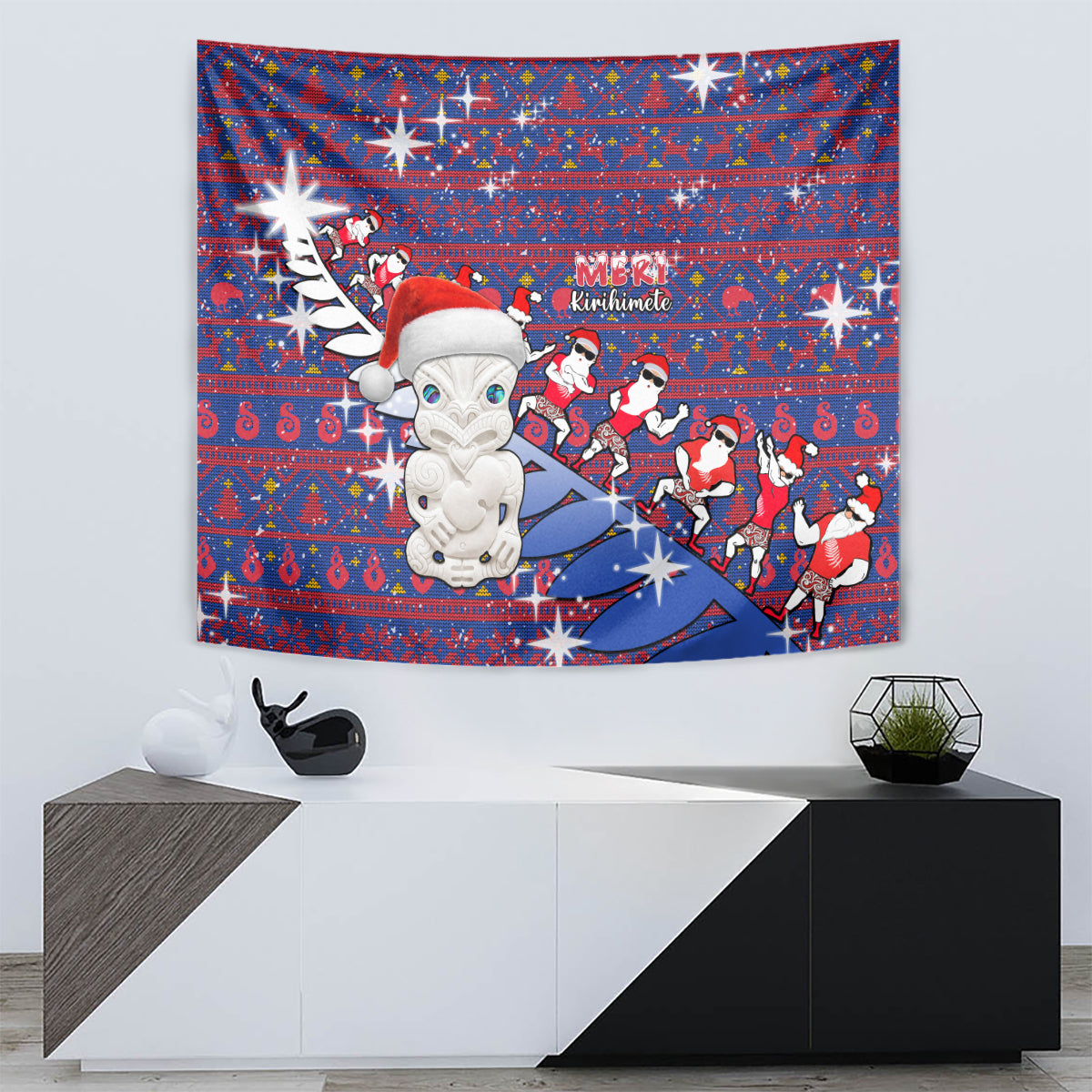 New Zealand Christmas Tapestry Haka Fern Santa Tiki Meri Kirihimete LT05 - Polynesian Pride