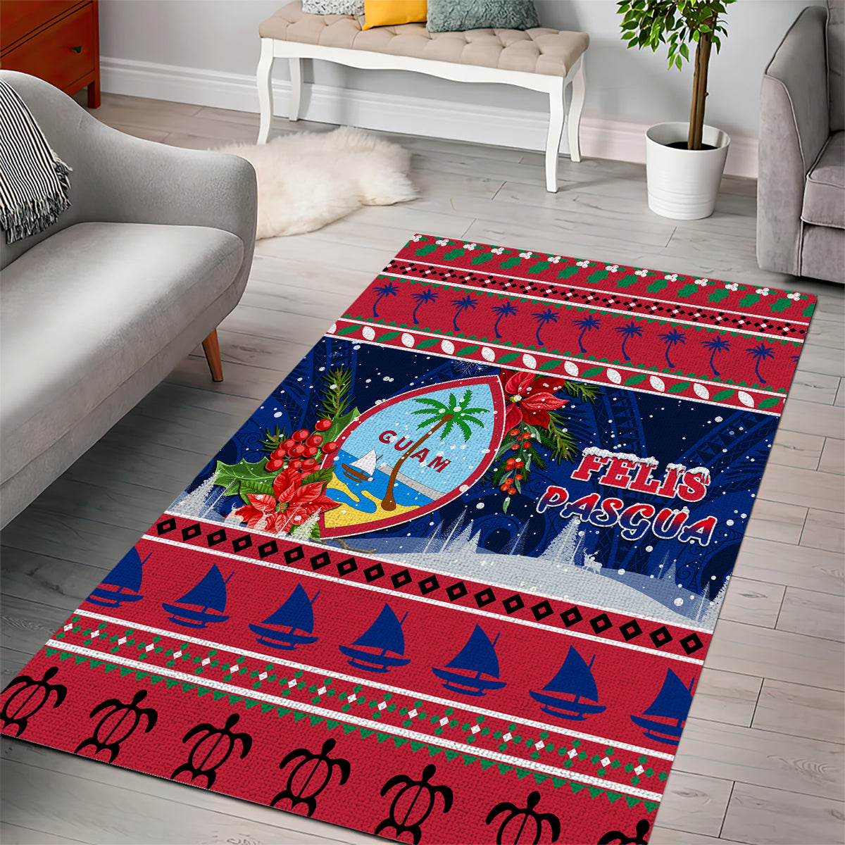 Guam Christmas Area Rug Guaman Seal Poinsettia Felis Pasgua LT05 - Polynesian Pride