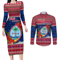 Guam Christmas Couples Matching Long Sleeve Bodycon Dress and Long Sleeve Button Shirts Guaman Seal Poinsettia Felis Pasgua LT05 Red - Polynesian Pride