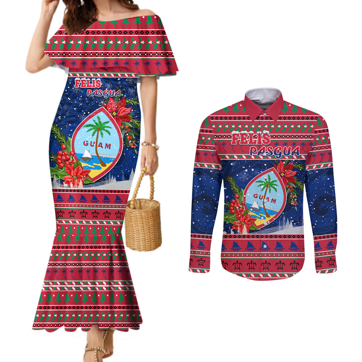 Guam Christmas Couples Matching Mermaid Dress and Long Sleeve Button Shirts Guaman Seal Poinsettia Felis Pasgua LT05 Red - Polynesian Pride