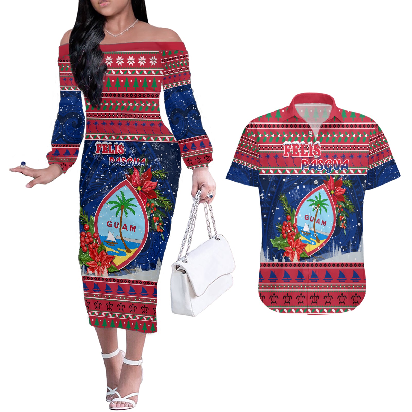 Guam Christmas Couples Matching Off The Shoulder Long Sleeve Dress and Hawaiian Shirt Guaman Seal Poinsettia Felis Pasgua LT05 Red - Polynesian Pride