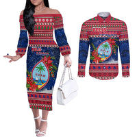 Guam Christmas Couples Matching Off The Shoulder Long Sleeve Dress and Long Sleeve Button Shirts Guaman Seal Poinsettia Felis Pasgua LT05 Red - Polynesian Pride