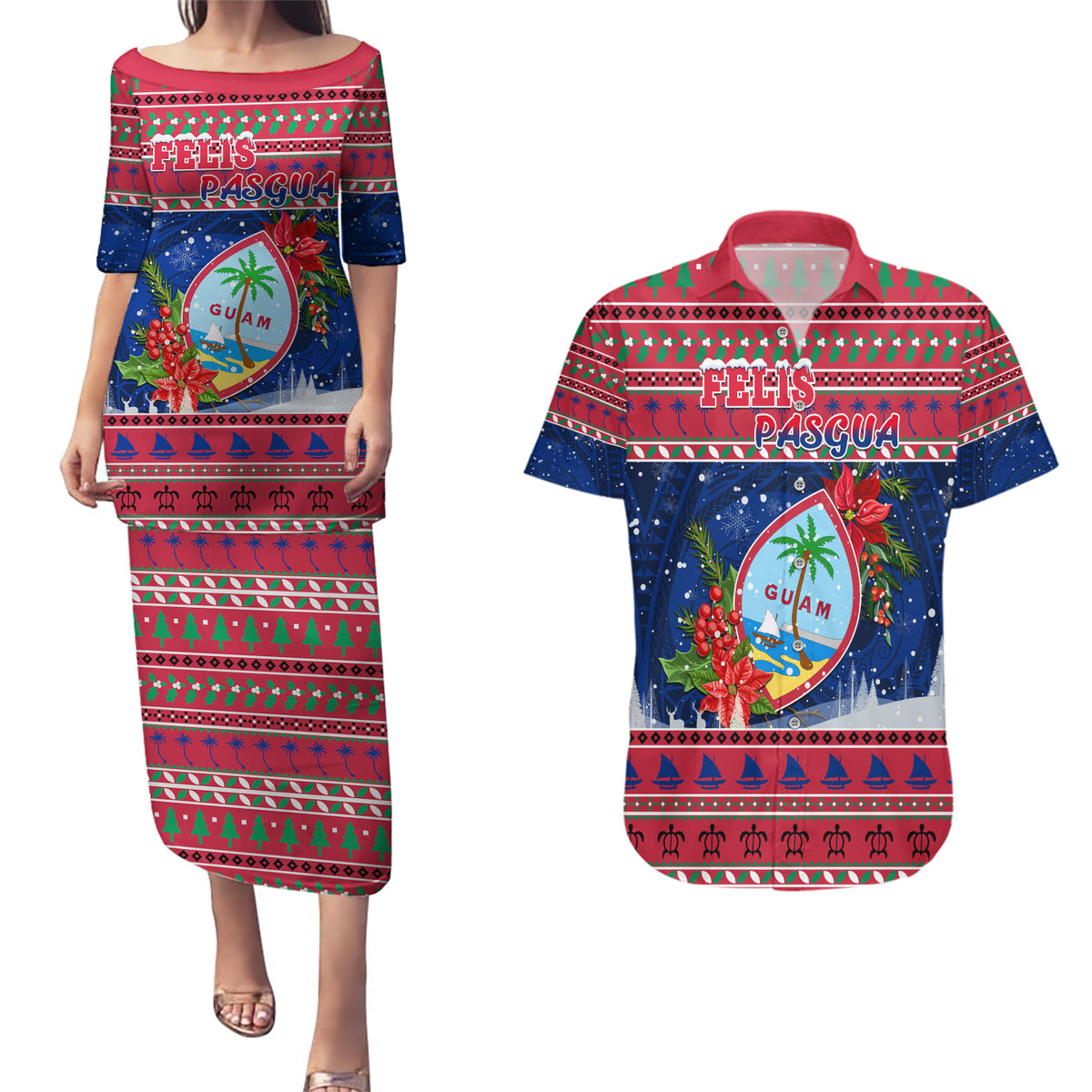 Guam Christmas Couples Matching Puletasi Dress and Hawaiian Shirt Guaman Seal Poinsettia Felis Pasgua LT05 Red - Polynesian Pride
