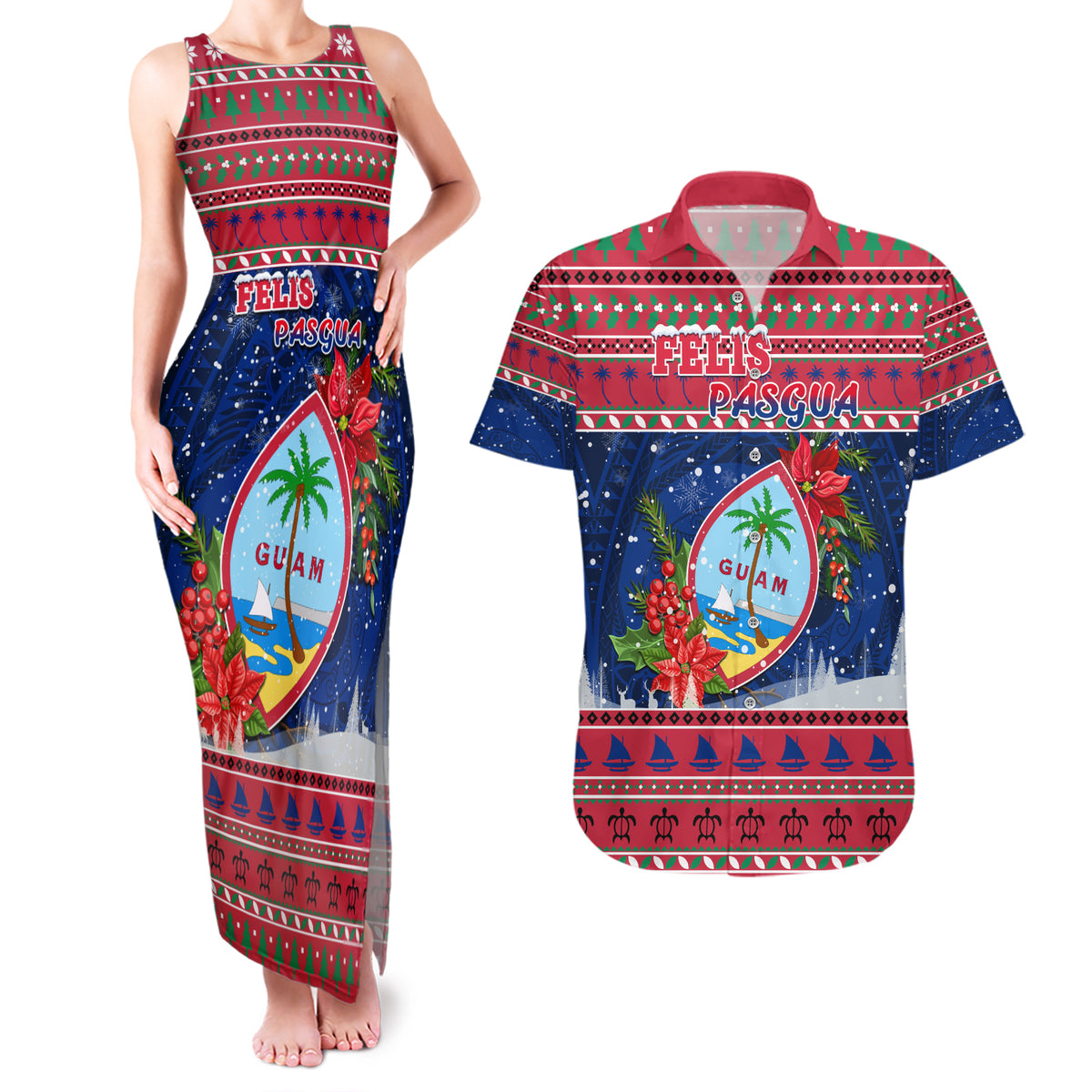 Guam Christmas Couples Matching Tank Maxi Dress and Hawaiian Shirt Guaman Seal Poinsettia Felis Pasgua LT05 Red - Polynesian Pride