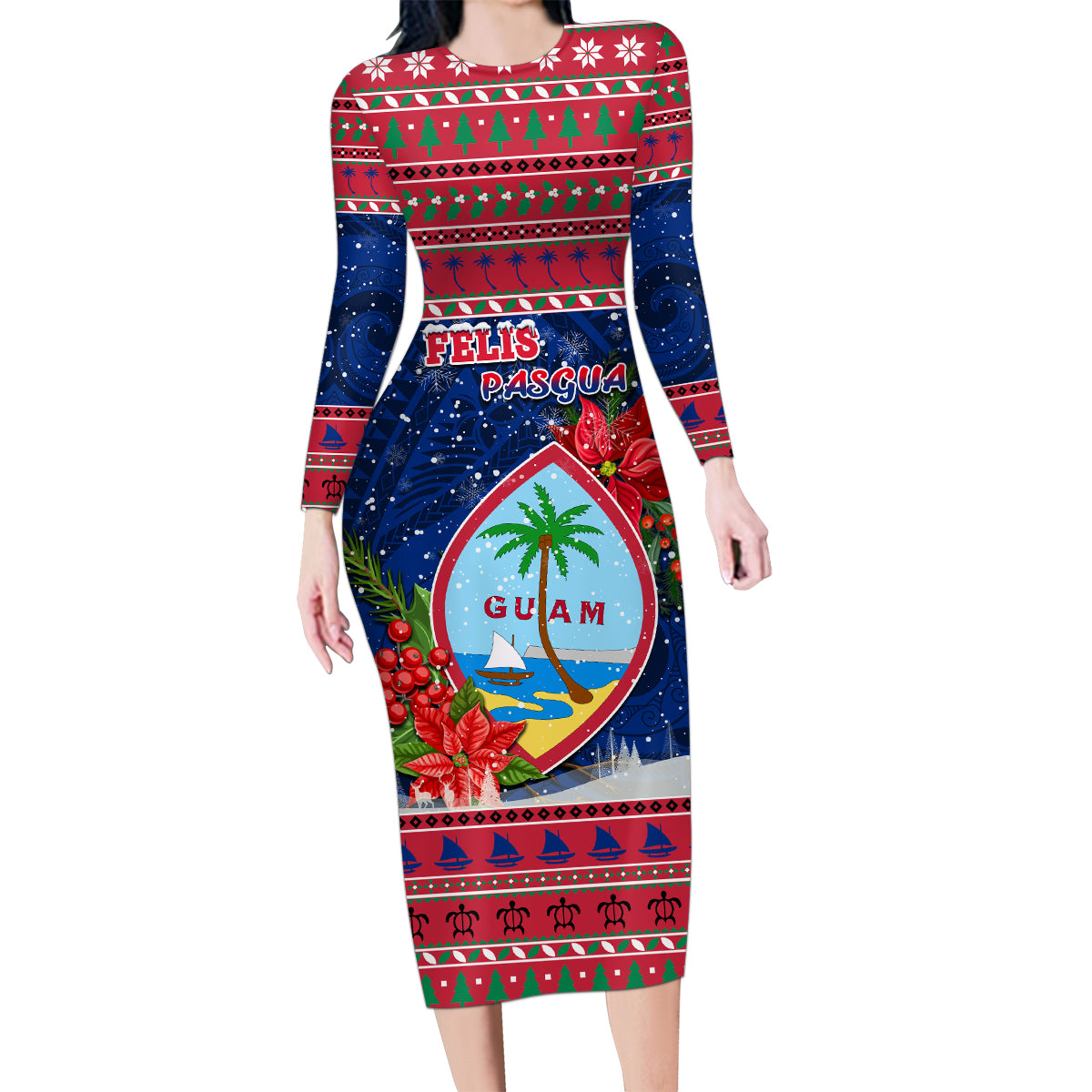 Guam Christmas Family Matching Long Sleeve Bodycon Dress and Hawaiian Shirt Guaman Seal Poinsettia Felis Pasgua LT05 Mom's Dress Red - Polynesian Pride