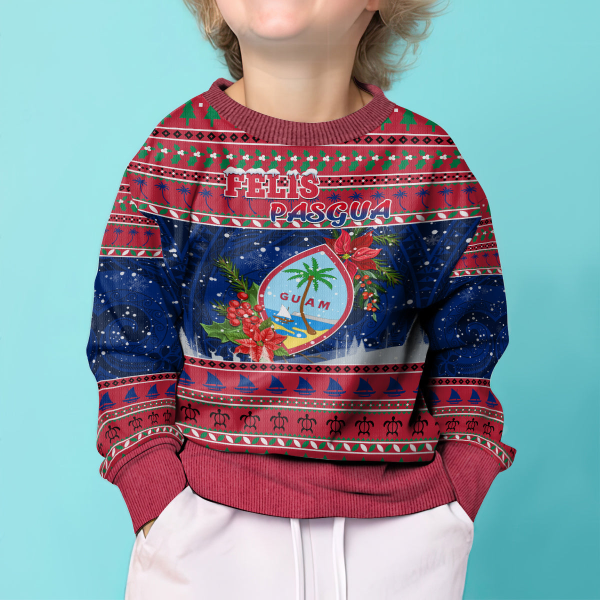 Guam Christmas Kid Ugly Christmas Sweater Guaman Seal Poinsettia Felis Pasgua LT05 - Polynesian Pride