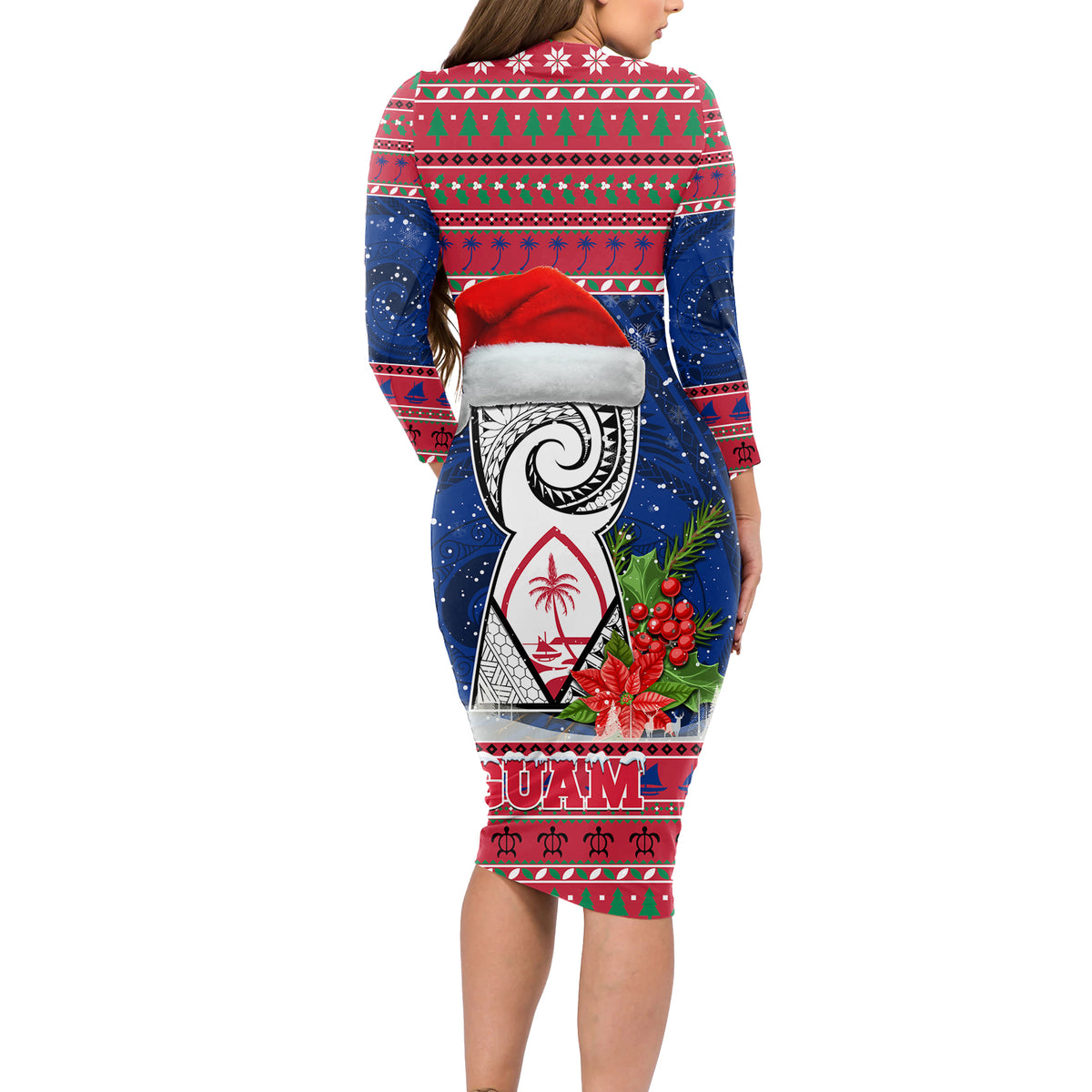 Guam Christmas Long Sleeve Bodycon Dress Guaman Seal Poinsettia Felis Pasgua LT05 - Polynesian Pride