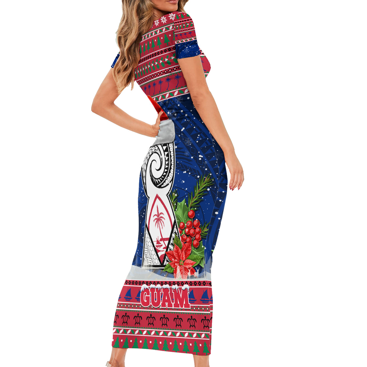 Guam Christmas Short Sleeve Bodycon Dress Guaman Seal Poinsettia Felis Pasgua LT05 - Polynesian Pride