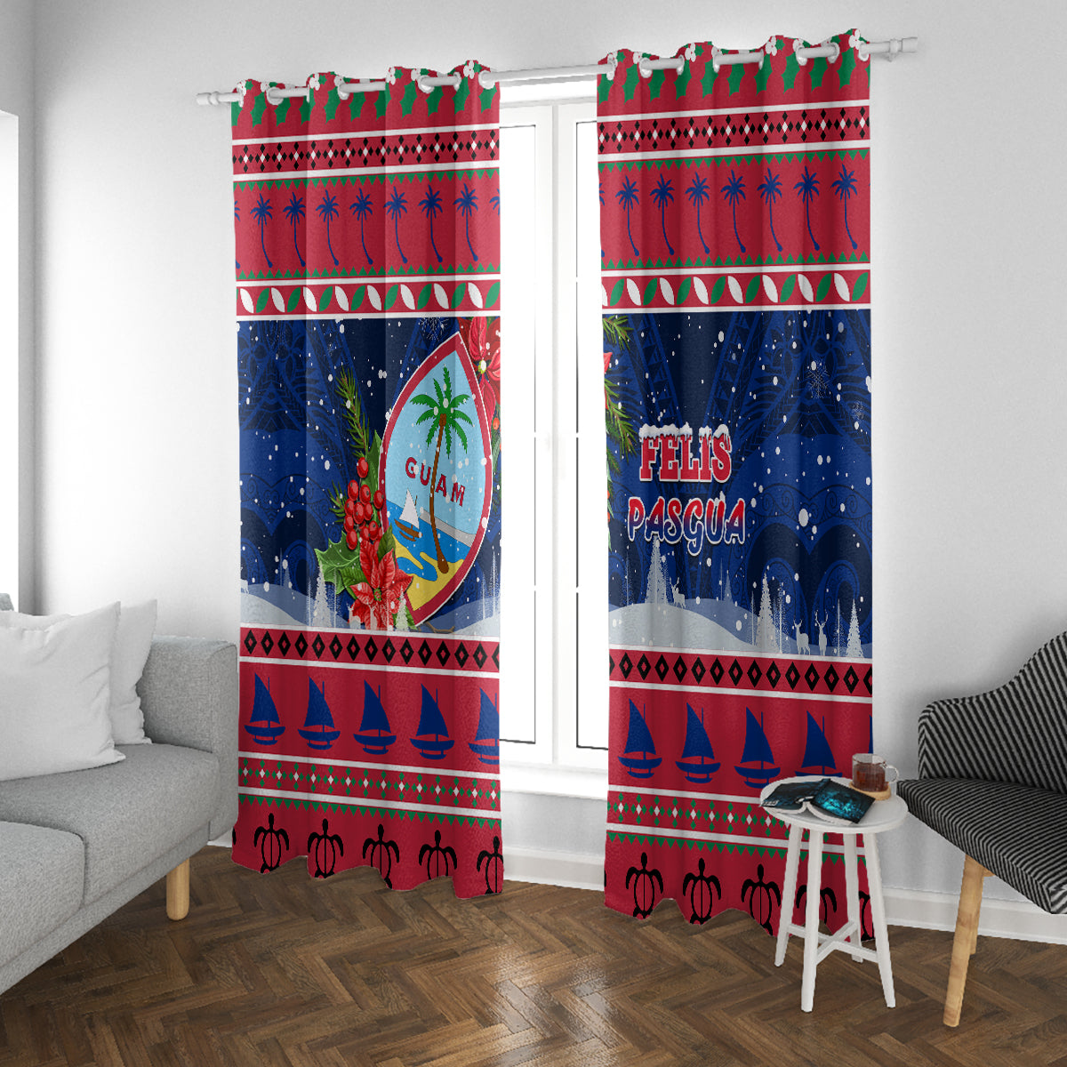Guam Christmas Window Curtain Guaman Seal Poinsettia Felis Pasgua LT05 - Polynesian Pride