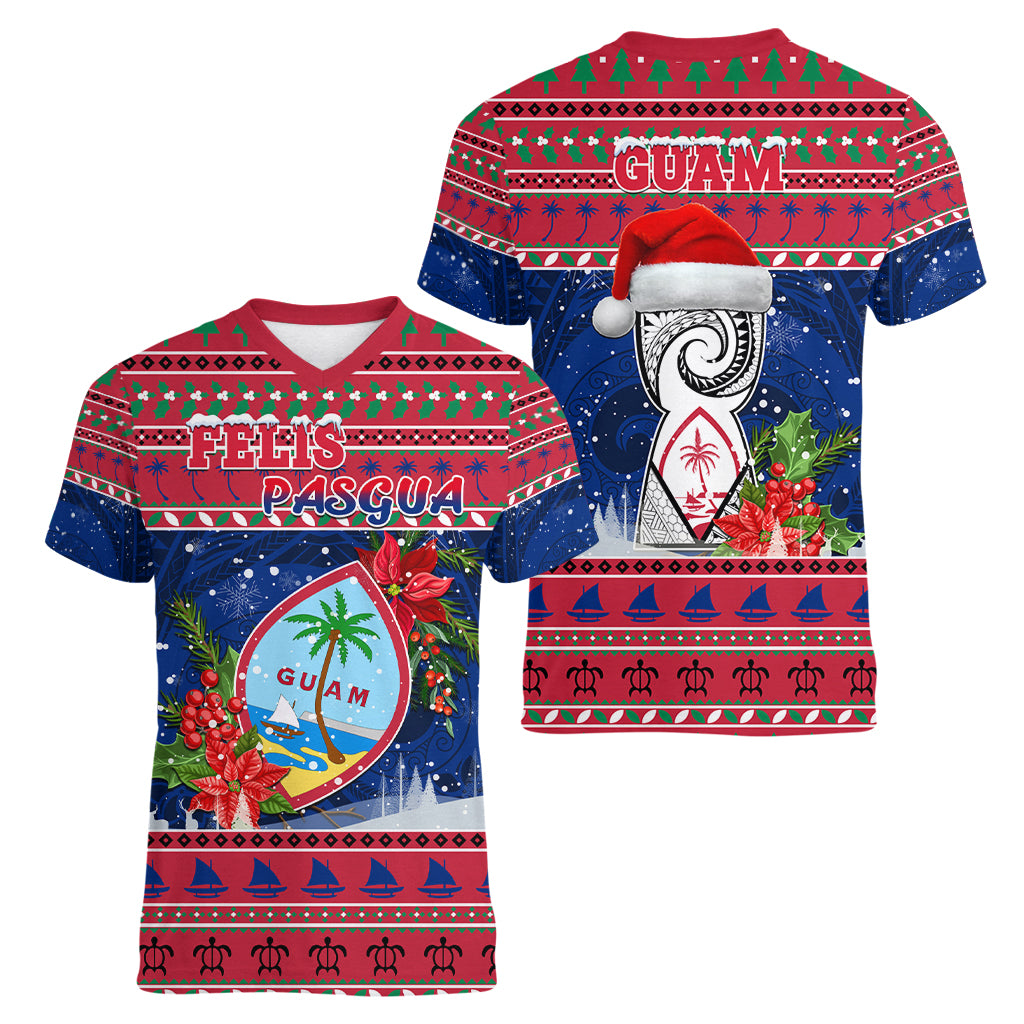 Guam Christmas Women V Neck T Shirt Guaman Seal Poinsettia Felis Pasgua LT05 - Polynesian Pride
