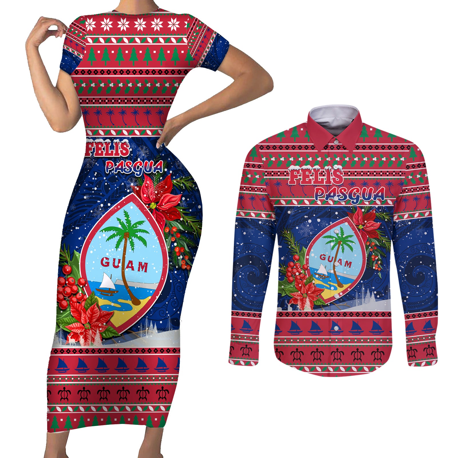 Personalized Guam Christmas Couples Matching Short Sleeve Bodycon Dress and Long Sleeve Button Shirts Guaman Seal Poinsettia Felis Pasgua LT05 Red - Polynesian Pride