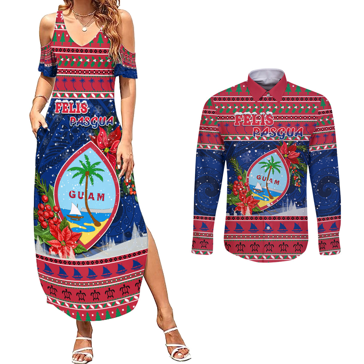 Personalized Guam Christmas Couples Matching Summer Maxi Dress and Long Sleeve Button Shirts Guaman Seal Poinsettia Felis Pasgua LT05 Red - Polynesian Pride