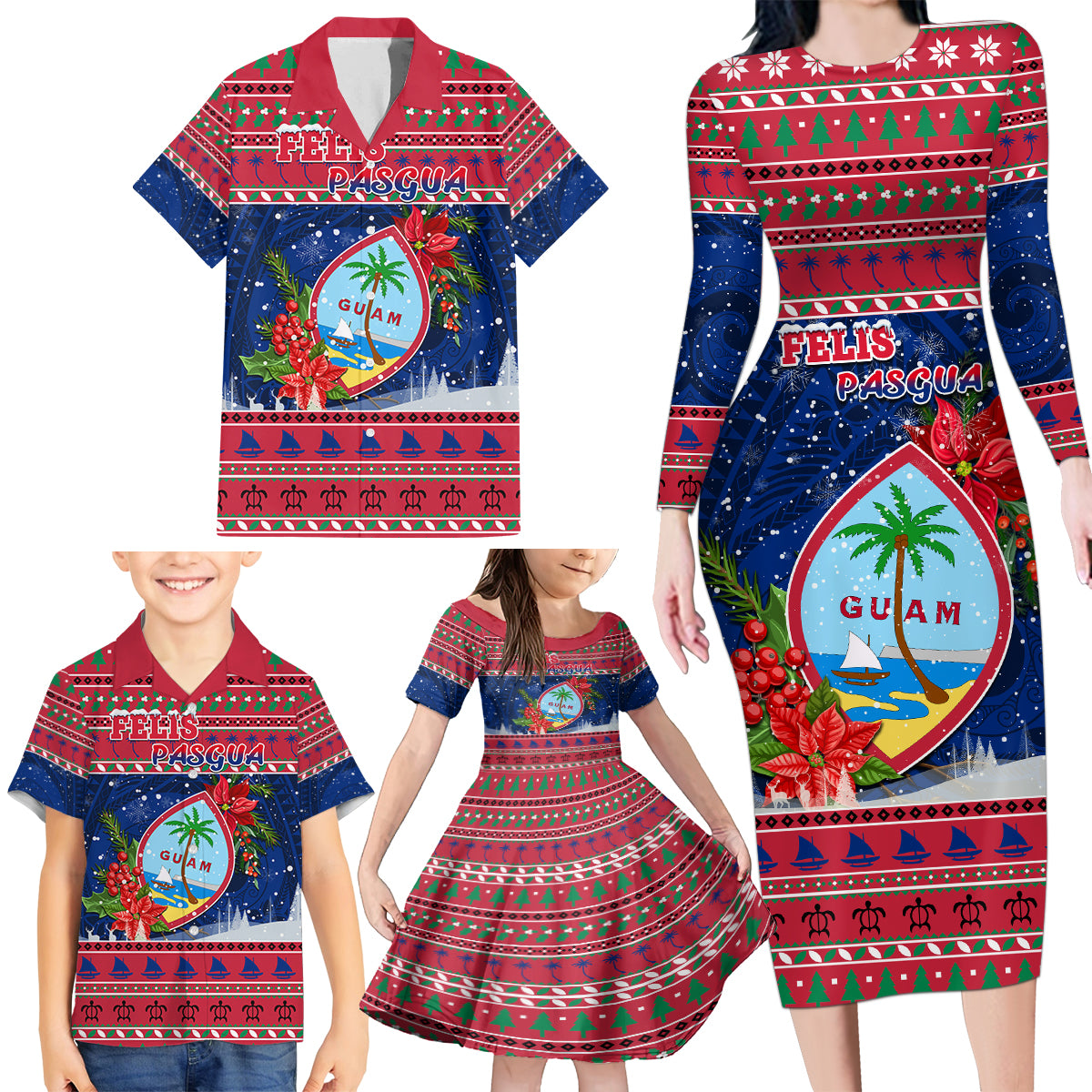 Personalized Guam Christmas Family Matching Long Sleeve Bodycon Dress and Hawaiian Shirt Guaman Seal Poinsettia Felis Pasgua LT05 - Polynesian Pride