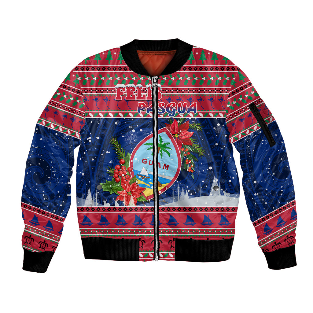 Personalized Guam Christmas Sleeve Zip Bomber Jacket Guaman Seal Poinsettia Felis Pasgua LT05 Unisex Red - Polynesian Pride