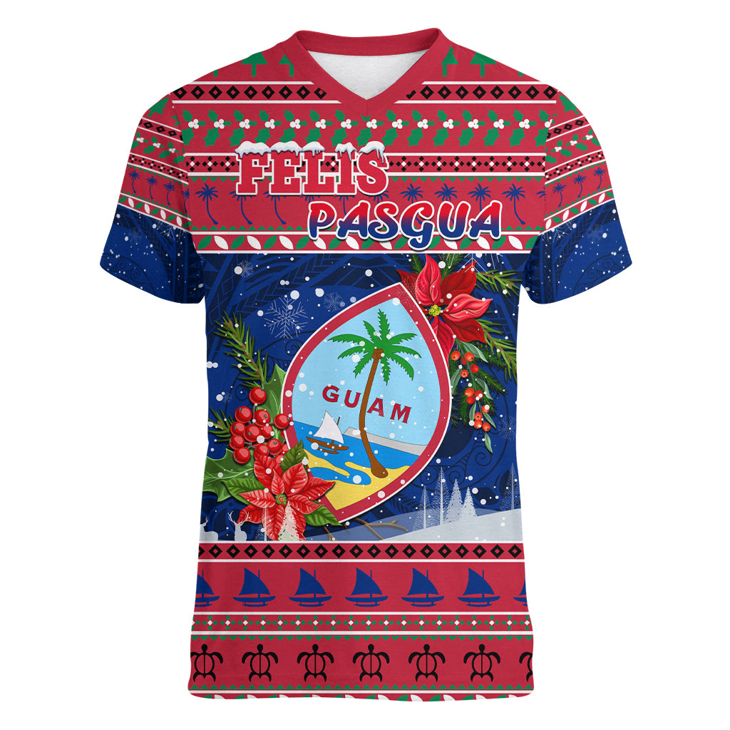 Personalized Guam Christmas Women V Neck T Shirt Guaman Seal Poinsettia Felis Pasgua LT05 Female Red - Polynesian Pride
