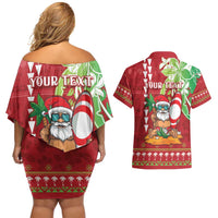 Personalised Hawaii Christmas Couples Matching Off Shoulder Short Dress and Hawaiian Shirt Funny Santa Claus Surf Mele Kalikimaka