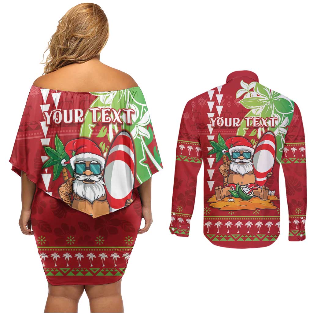Personalised Hawaii Christmas Couples Matching Off Shoulder Short Dress and Long Sleeve Button Shirt Funny Santa Claus Surf Mele Kalikimaka