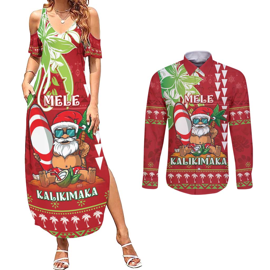 Personalised Hawaii Christmas Couples Matching Summer Maxi Dress and Long Sleeve Button Shirt Funny Santa Claus Surf Mele Kalikimaka