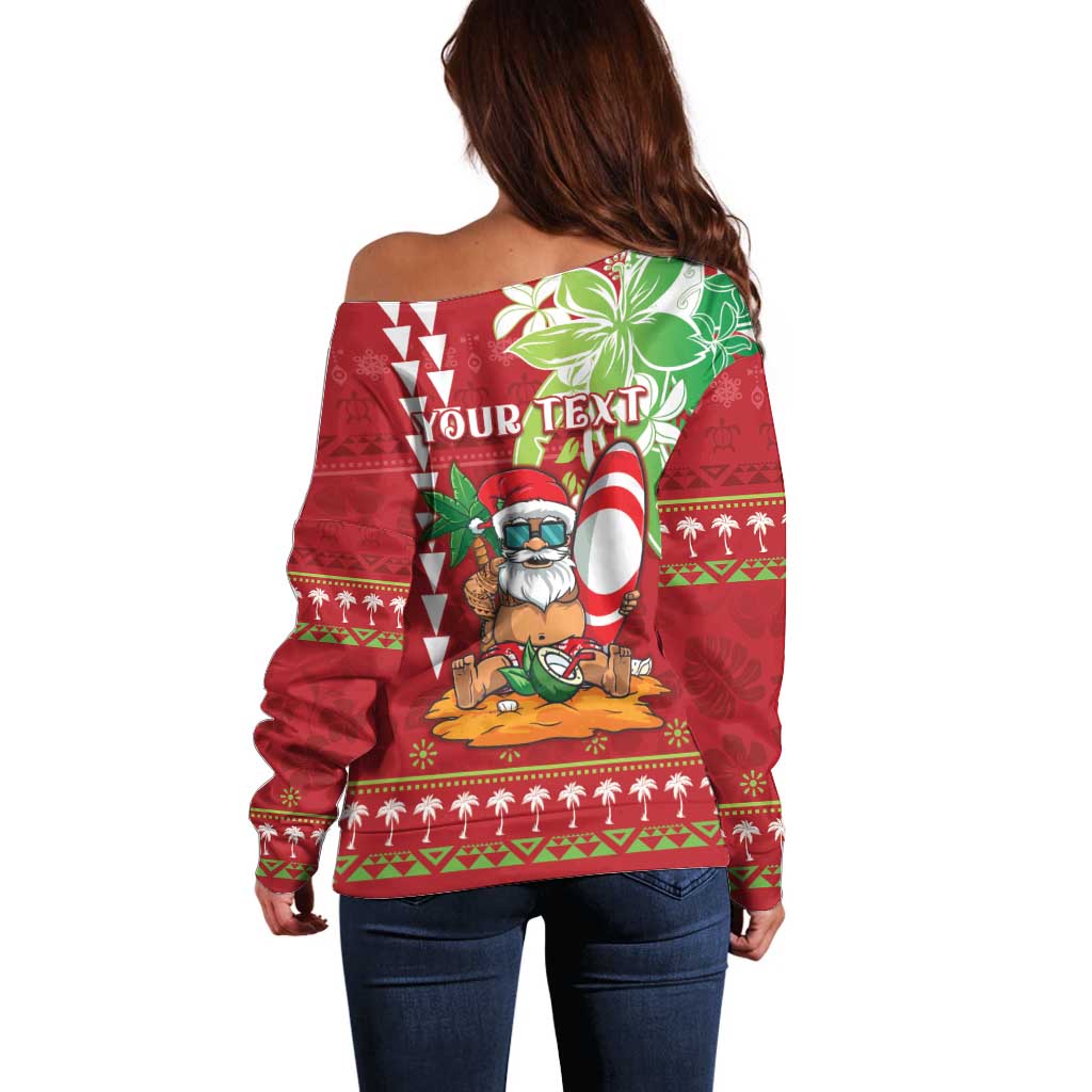 Personalised Hawaii Christmas Off Shoulder Sweater Funny Santa Claus Surf Mele Kalikimaka