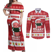 Hawaii Funny Christmas Couples Matching Off Shoulder Maxi Dress and Long Sleeve Button Shirt Spam Musubi Santa