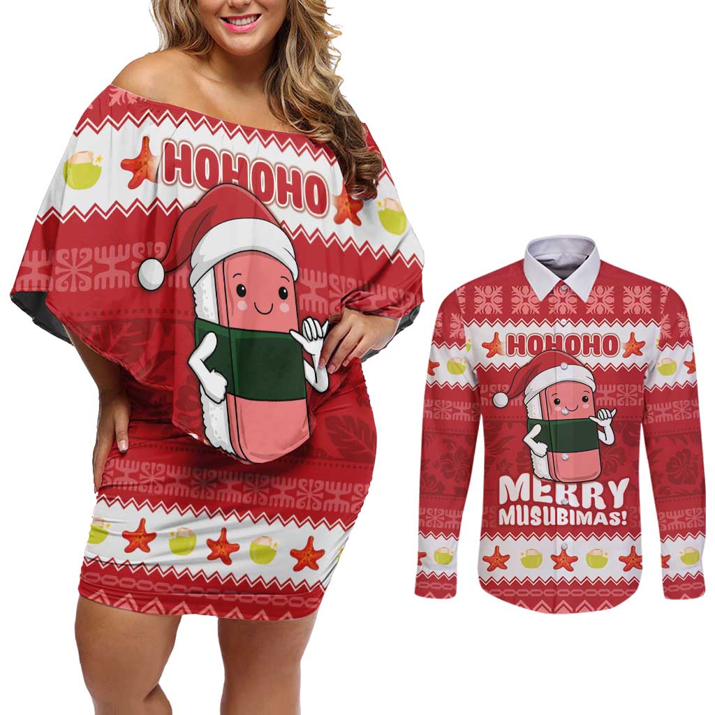 Hawaii Funny Christmas Couples Matching Off Shoulder Short Dress and Long Sleeve Button Shirt Spam Musubi Santa