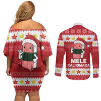 Hawaii Funny Christmas Couples Matching Off Shoulder Short Dress and Long Sleeve Button Shirt Spam Musubi Santa