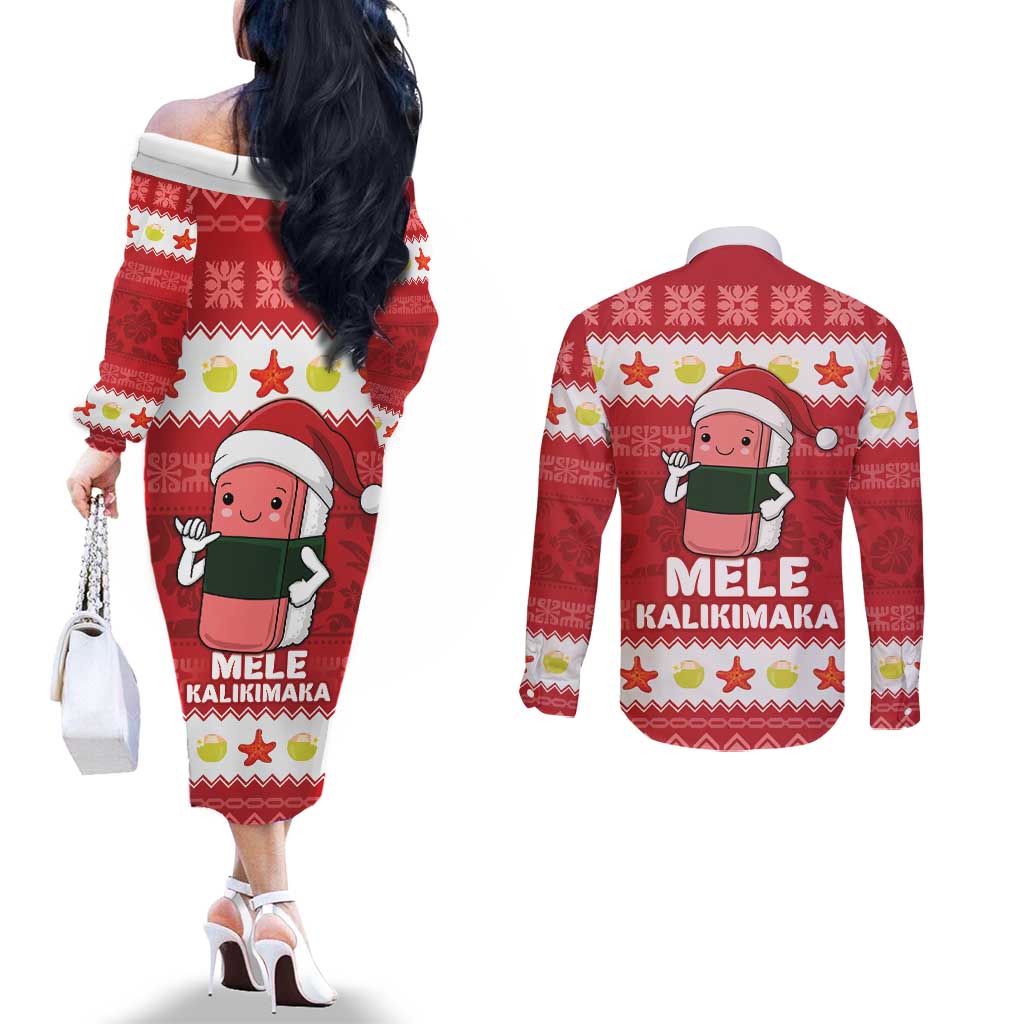Hawaii Funny Christmas Couples Matching Off The Shoulder Long Sleeve Dress and Long Sleeve Button Shirt Spam Musubi Santa LT05 - Polynesian Pride