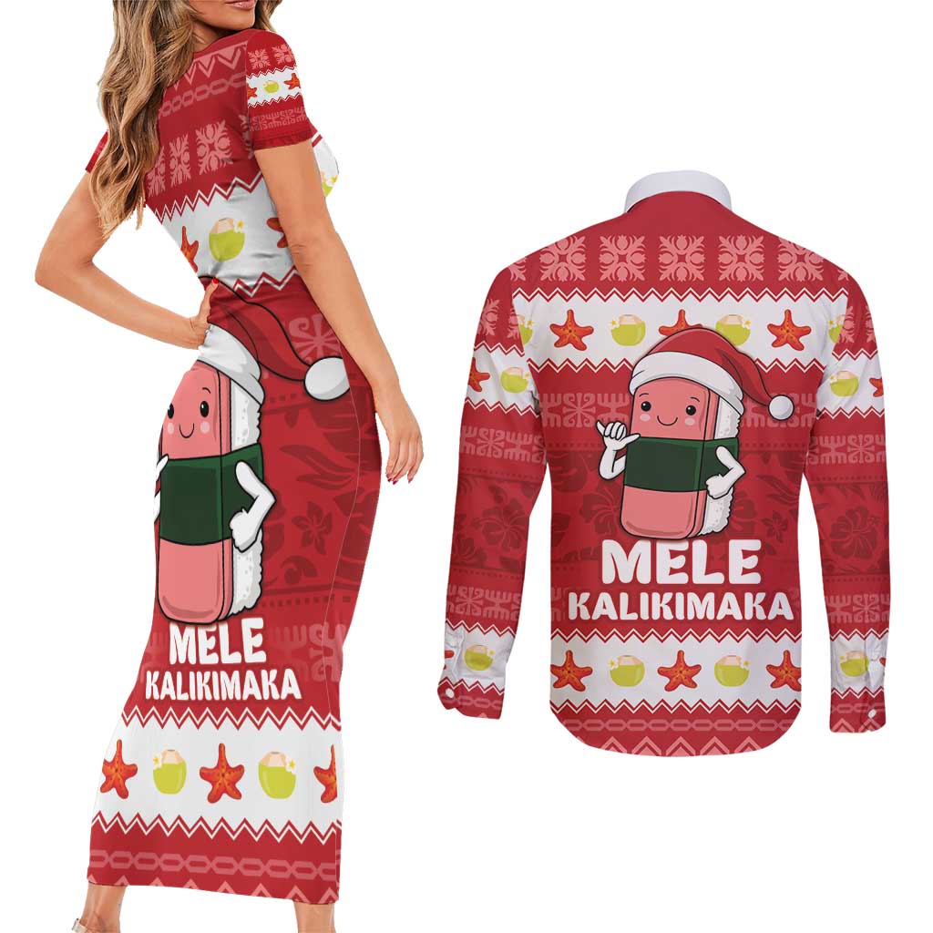 Hawaii Funny Christmas Couples Matching Short Sleeve Bodycon Dress and Long Sleeve Button Shirt Spam Musubi Santa LT05 - Polynesian Pride