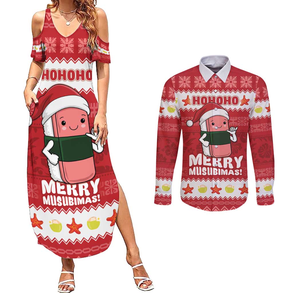 Hawaii Funny Christmas Couples Matching Summer Maxi Dress and Long Sleeve Button Shirt Spam Musubi Santa