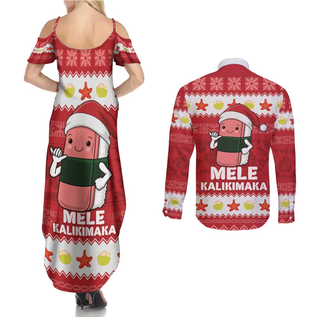 Hawaii Funny Christmas Couples Matching Summer Maxi Dress and Long Sleeve Button Shirt Spam Musubi Santa LT05 - Polynesian Pride