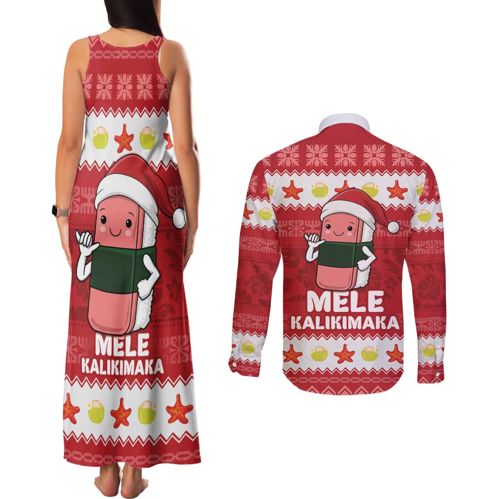 Hawaii Funny Christmas Couples Matching Tank Maxi Dress and Long Sleeve Button Shirt Spam Musubi Santa LT05 - Polynesian Pride