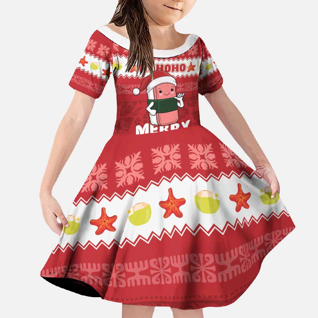 Hawaii Funny Christmas Family Matching Tank Maxi Dress and Hawaiian Shirt Spam Musubi Santa LT05 Daughter's Dress Red - Polynesian Pride