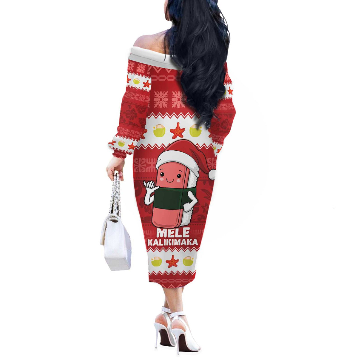 Hawaii Funny Christmas Off The Shoulder Long Sleeve Dress Spam Musubi Santa