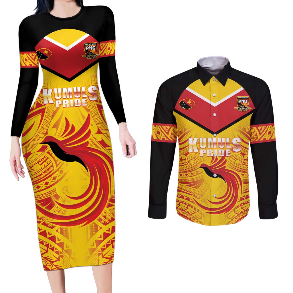 Papua New Guinea Rugby Custom Couples Matching Long Sleeve Bodycon Dress and Long Sleeve Button Shirt Kumul Pride Go Champions LT05 Yellow - Polynesian Pride