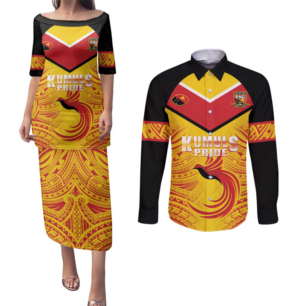 Papua New Guinea Rugby Custom Couples Matching Puletasi and Long Sleeve Button Shirt Kumul Pride Go Champions LT05 Yellow - Polynesian Pride