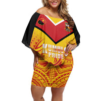 Papua New Guinea Rugby Custom Family Matching Off Shoulder Short Dress and Hawaiian Shirt Kumul Pride Go Champions