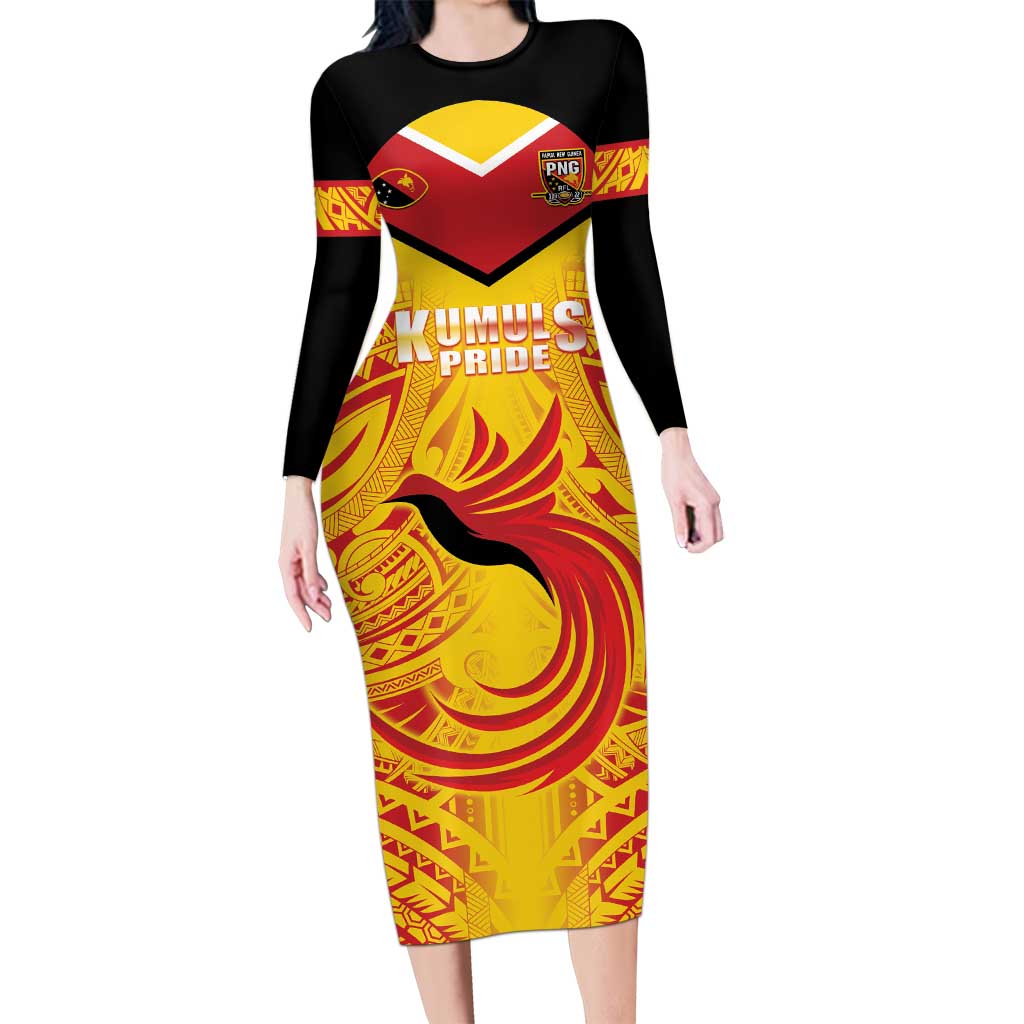 Papua New Guinea Rugby Custom Long Sleeve Bodycon Dress Kumul Pride Go Champions LT05 Long Dress Yellow - Polynesian Pride