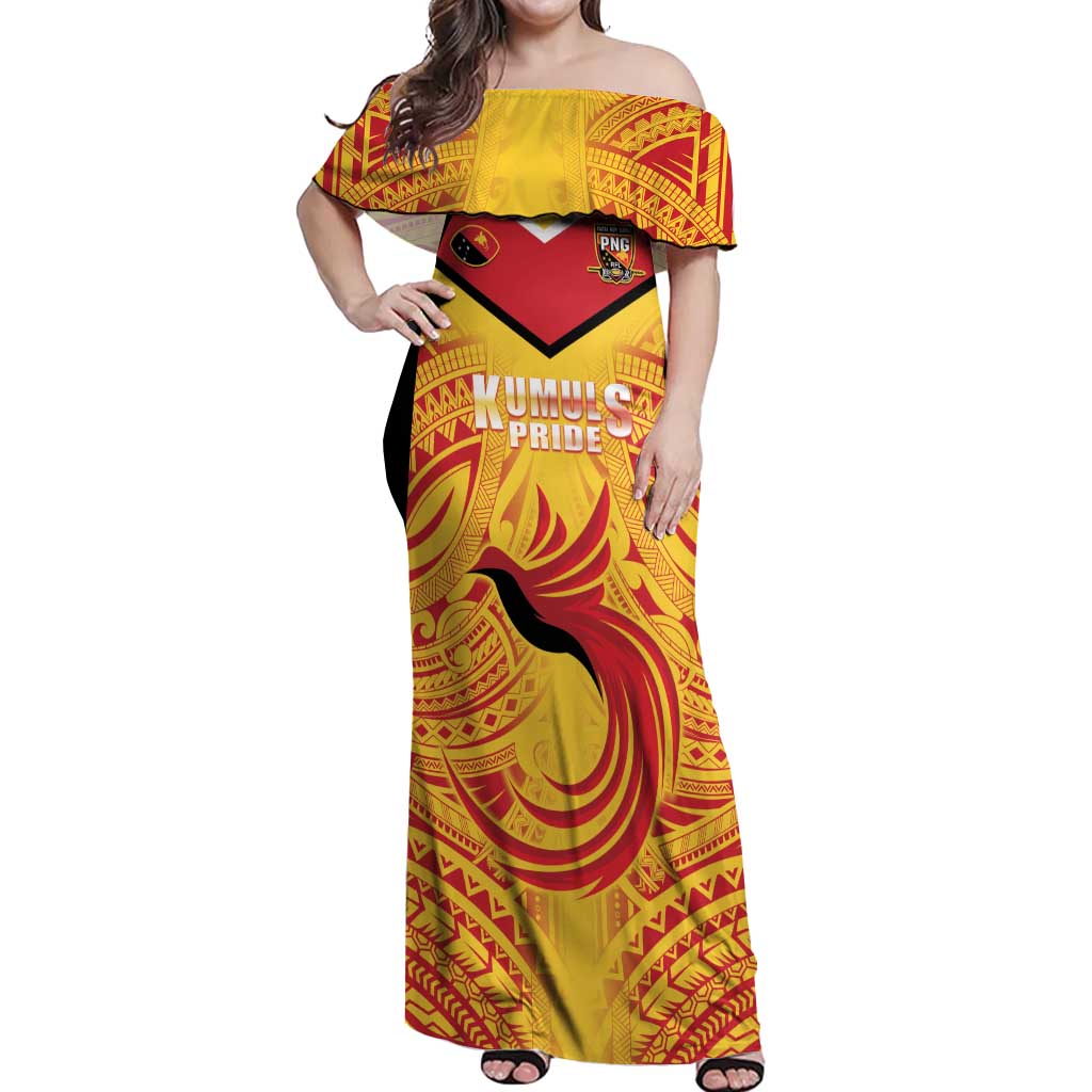 Papua New Guinea Rugby Custom Off Shoulder Maxi Dress Kumul Pride Go Champions LT05 Women Yellow - Polynesian Pride