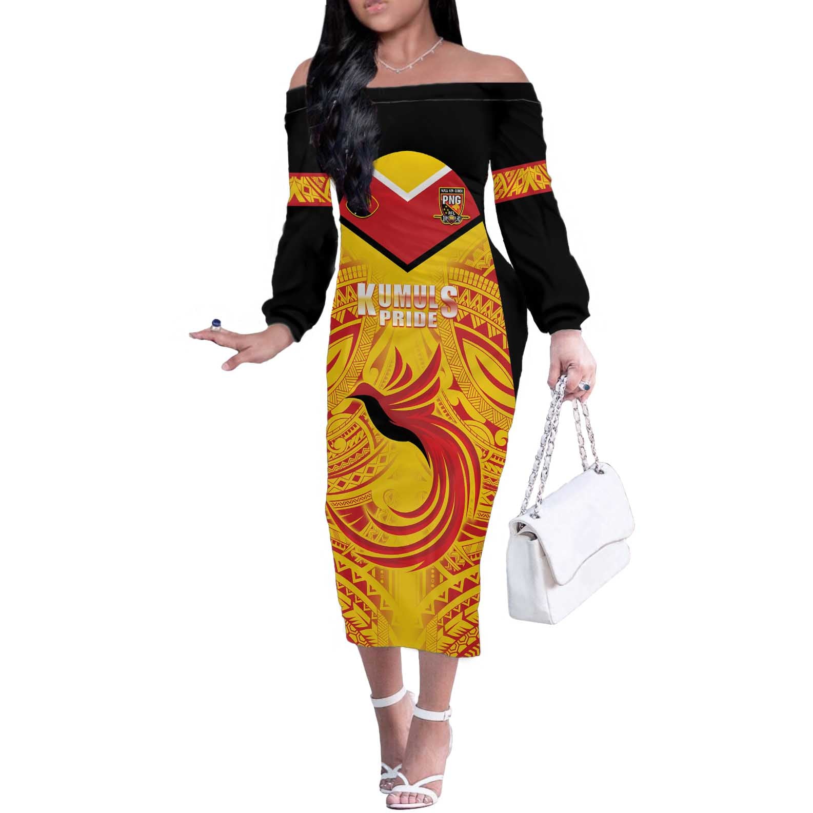Papua New Guinea Rugby Custom Off The Shoulder Long Sleeve Dress Kumul Pride Go Champions LT05 Women Yellow - Polynesian Pride