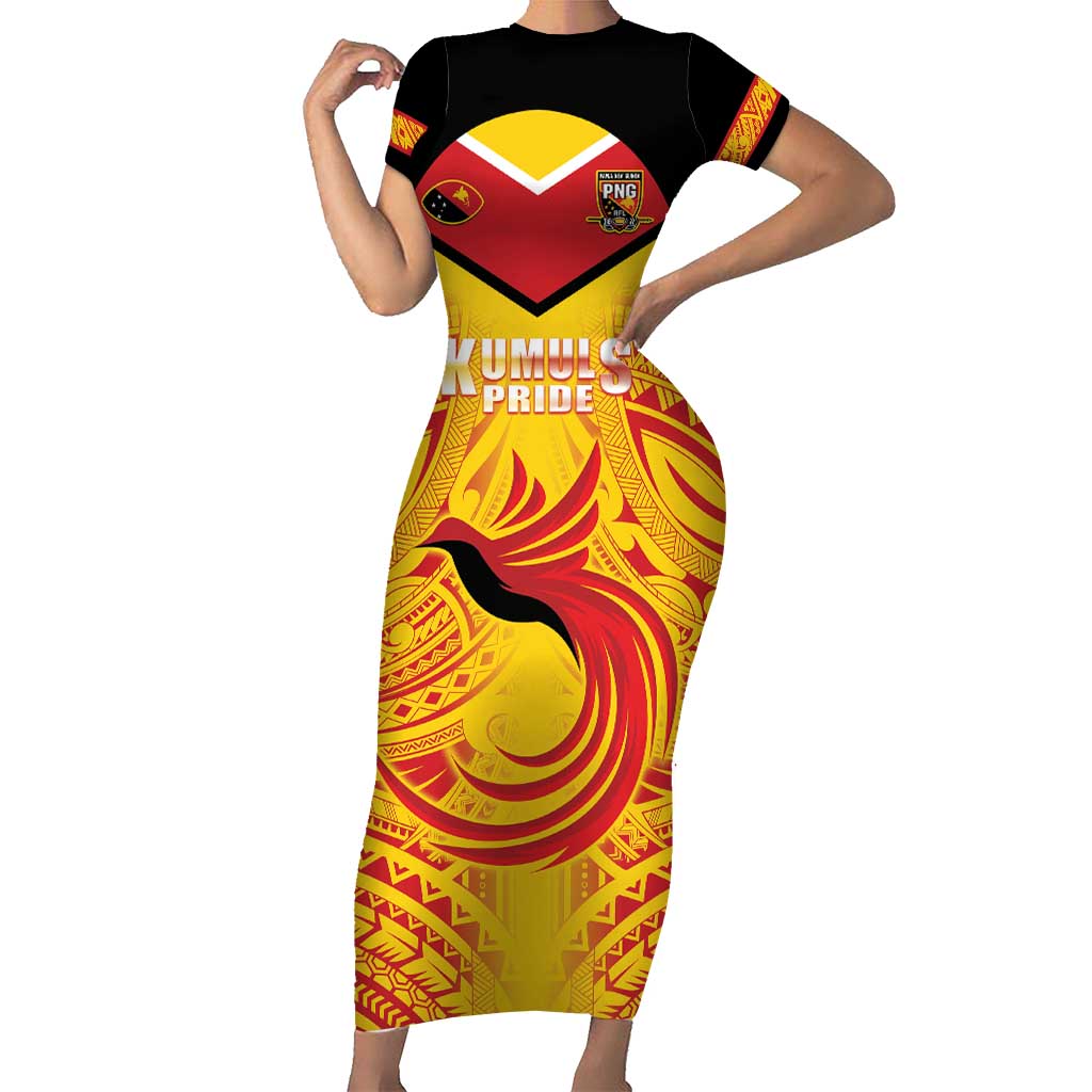 Papua New Guinea Rugby Custom Short Sleeve Bodycon Dress Kumul Pride Go Champions LT05 Long Dress Yellow - Polynesian Pride