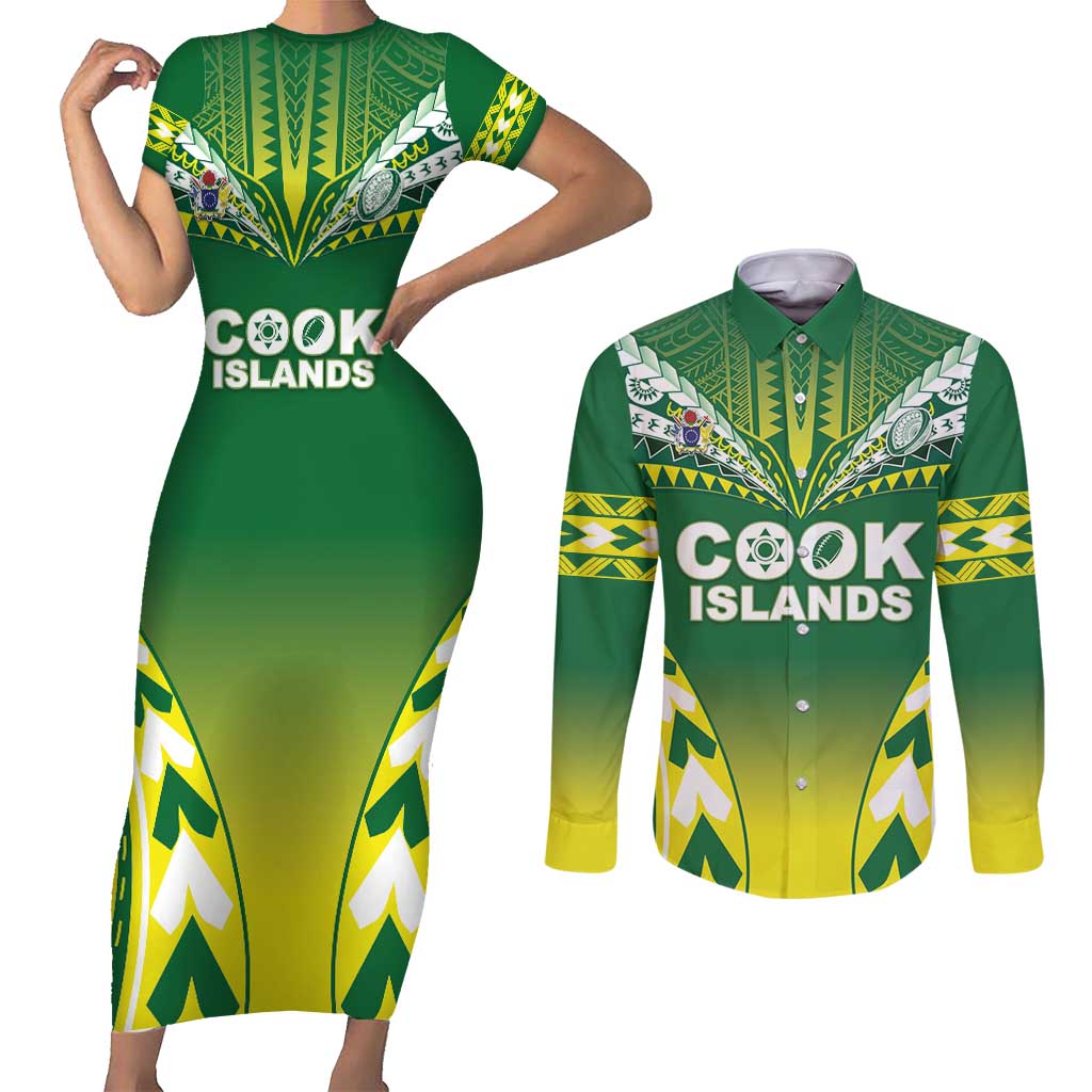 Cook Islands Rugby Custom Couples Matching Short Sleeve Bodycon Dress and Long Sleeve Button Shirt The Kukis Go Champions